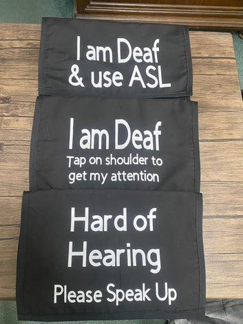 Pullover Pal Awareness office chair covers (I am Deaf &amp; use ASL, Hard of Hearing Please speak up, &amp; I am Deaf tap on shoulder to get my attention