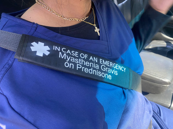 Black and Teal Awareness Pullover Pal Seat Belt Cover (In Case of an emergency) Myasthenia Gravis on Prednisone, Myasthenia Gravis