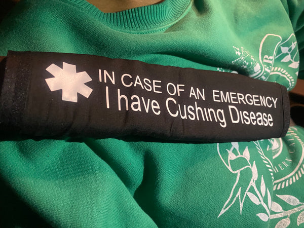 Black Pullover Pal Awareness Seat Belt Cover ( In Case of Emergency I Have Cushing Disease & Cushing Syndrome)