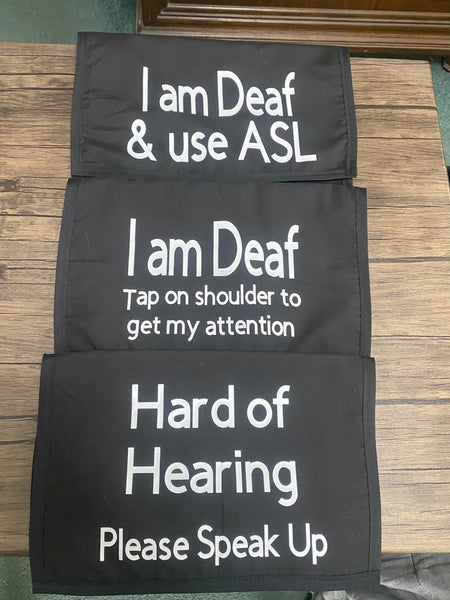 Pullover Pal Black Awareness office Seat Covers (I am Deaf & use ASL, I am Deaf tap on shoulder to get my attention, & Hard of Hearing Please speak up