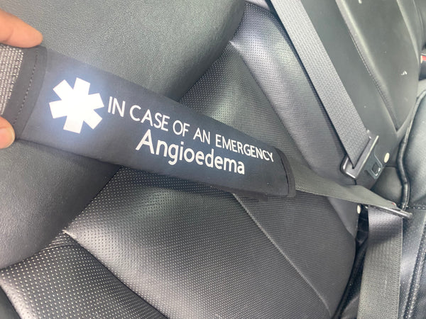 Black Pullover Pal Awareness Seat Belt Cover (ON WARFARIN Idiopathic Angioedema) & IN CASE OF AN EMERGENCY (Angiodema)