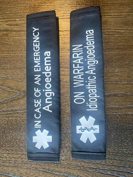 Black Pullover Pal Awareness Seat Belt Cover (ON WARFARIN Idiopathic Angioedema) & IN CASE OF AN EMERGENCY (Angiodema)