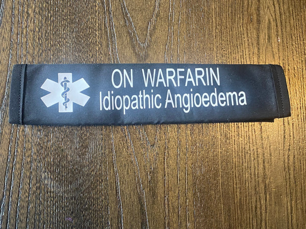 Black Pullover Pal Awareness Seat Belt Cover (ON WARFARIN Idiopathic Angioedema) & IN CASE OF AN EMERGENCY (Angiodema)