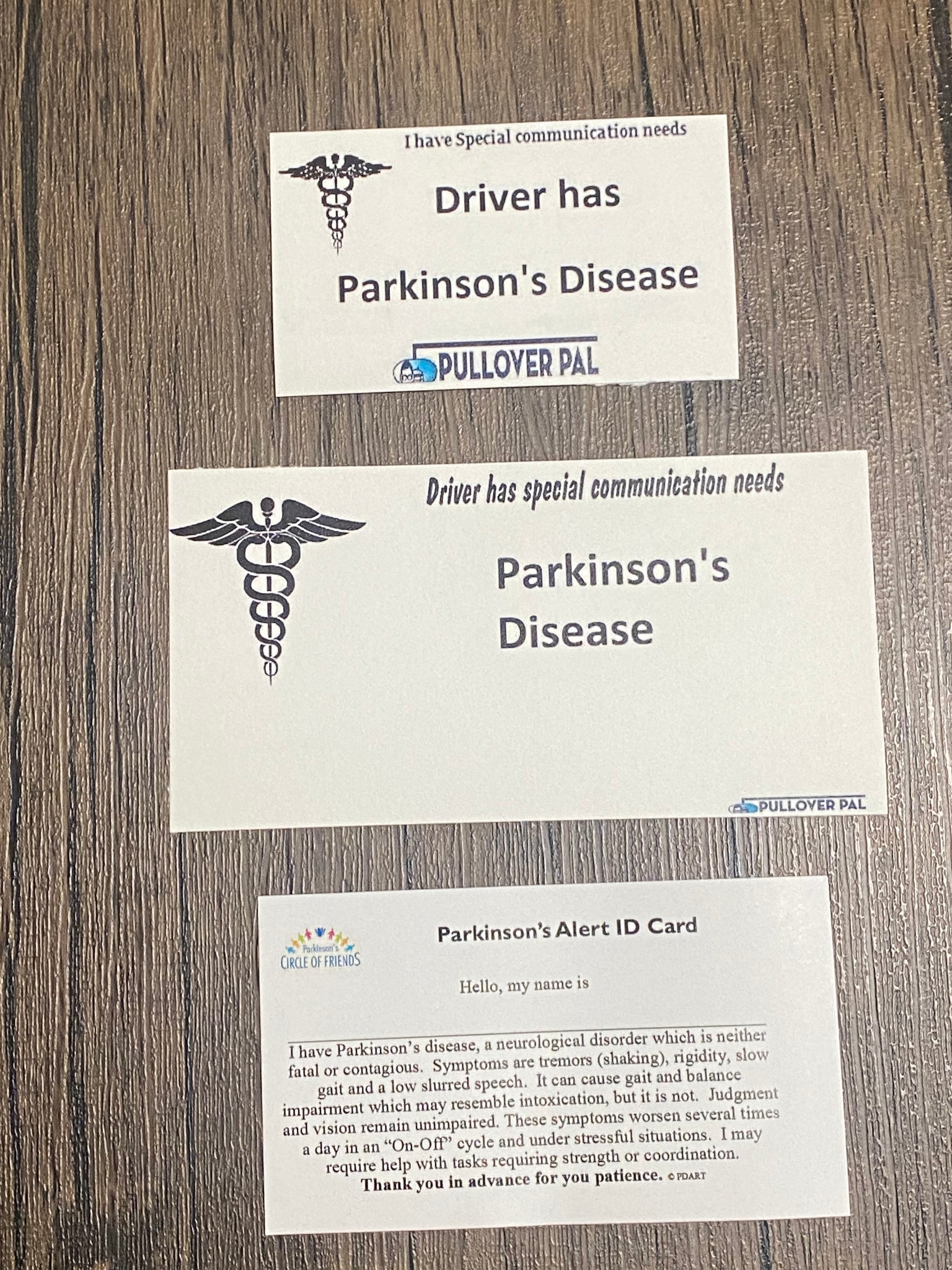 Driver has Parkinson Disease/Parkinson Alert ID Card – Pullover Pal