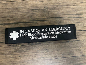 Black Pullover Pal Awareness Seat Belt Cover (In Case of an Emergency) I Have High Blood Pressure & High Blood Pressure on Medication Medical Info Inside