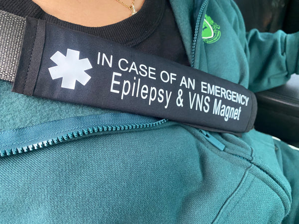 Black, Orange, & Hot Pink Seat Belt Cover Epilepsy & VNS Magnet, (I HAVE SEIZURES, I Have Epilepsy I May Have A Seizure) & Jeavons Syndrome