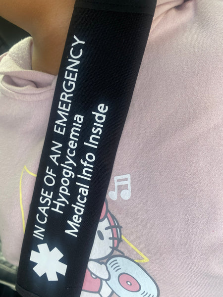 Black Pullover Pal Awareness Seat cover ( IN CASE OF AN EMERGENCY) Hypoglycemia Medical Info Inside