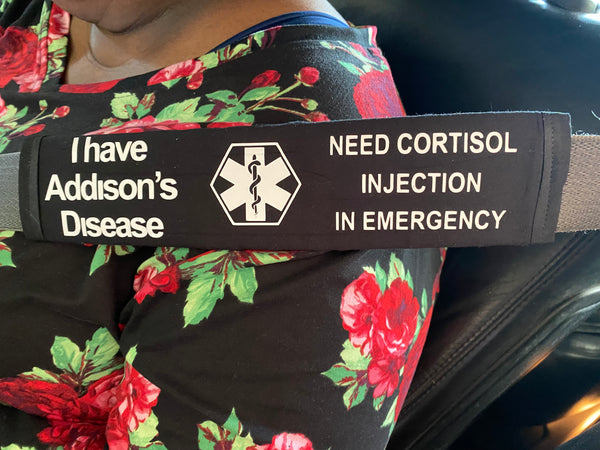 Pullover Pal Black Awareness Seat belt Cover ADRENAL INSUFFICIENCY (CAH), Adrenal Insufficiency Steroid Dependent, ( I Have Addison's Disease Need Cortisol Injection In Emergency)
