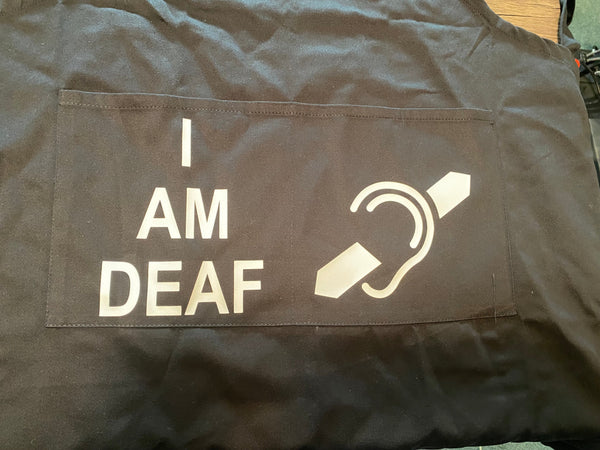 Pullover Pal Safety Awareness Black Apron ( I am Deaf, HOH, HOH Speak Clearly, & I am Deaf & logo)