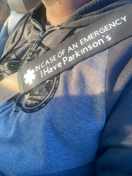 Black & Hot Pink Seat Belt Cover ( In Case of an Emergency) (I Have Parkinson's) (Parkinsons Patient Deep Brain Stimulators)